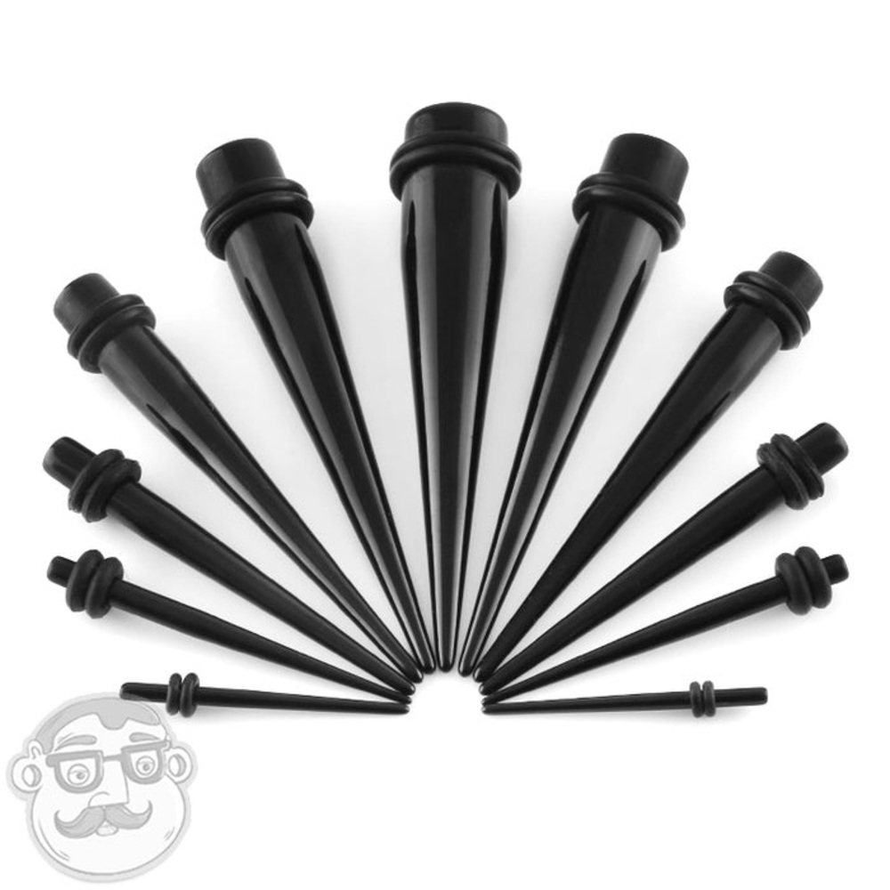 Urban Body Jewelry ACRYLIC BLACK SINGLE TAPER set (0G- 12G) set of 8